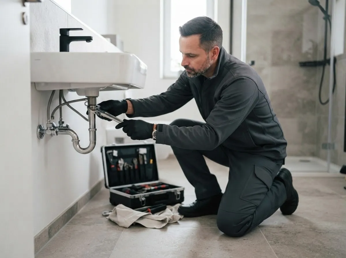 Sanitärinstallateur von Steinberg Dienstleistung montiert einen Waschtisch in einem Badezimmer